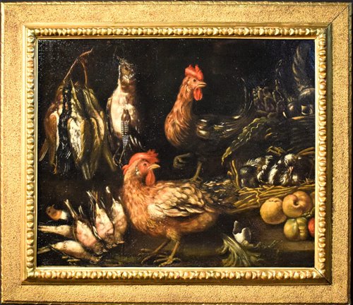 Natura morta con galli vivi e cacciagione